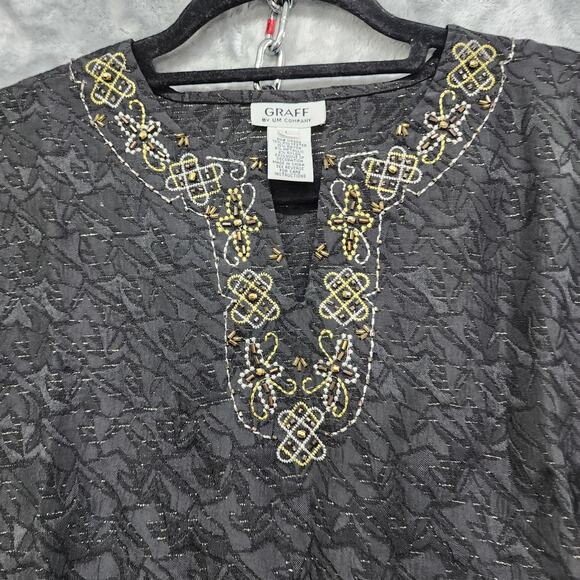Vintage Graff Beaded Embroidered Tie Rope Belted Tunic Top Size L Black Gold - Picture 3 of 12